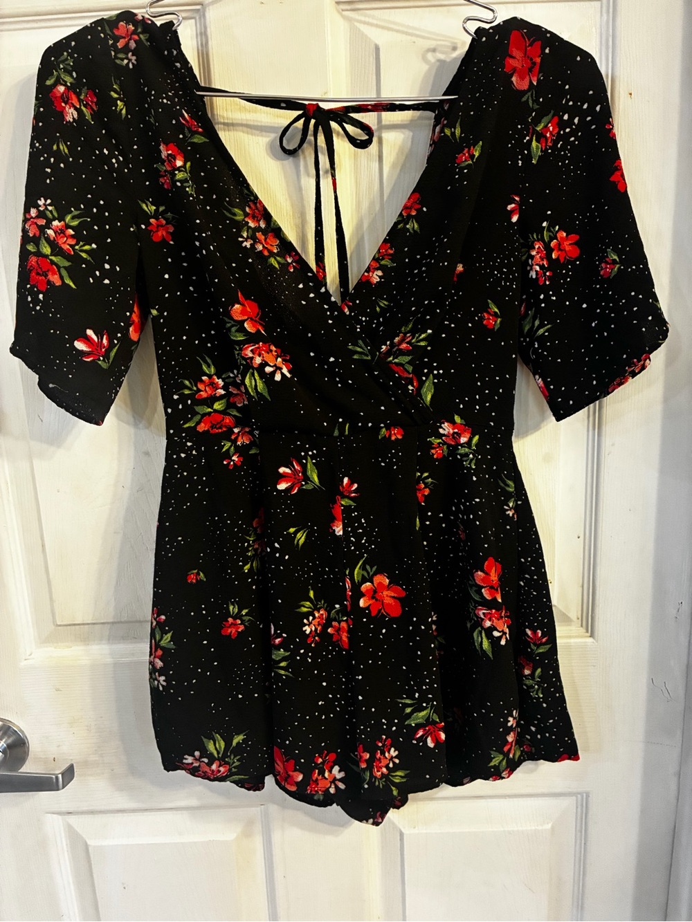 Trixxi Floral V-neckline Black with Red Floral Romper with Back Tie, Size: S